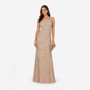 Adrianna Papell Beaded Gown Nude Silver Floral Evening Dress SZ 4 NWT GALA MOB